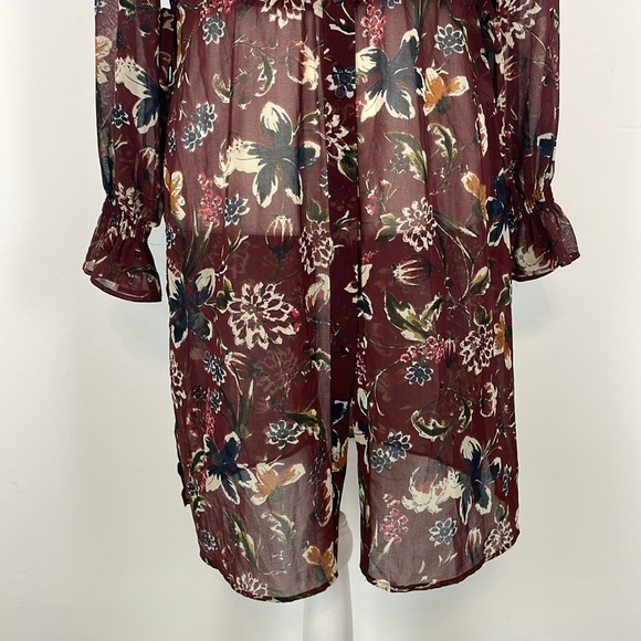 Zara Basic Maroon Floral Semi Sheer Long Cardigan Length Blouse. Size XS - Picture 3 of 16